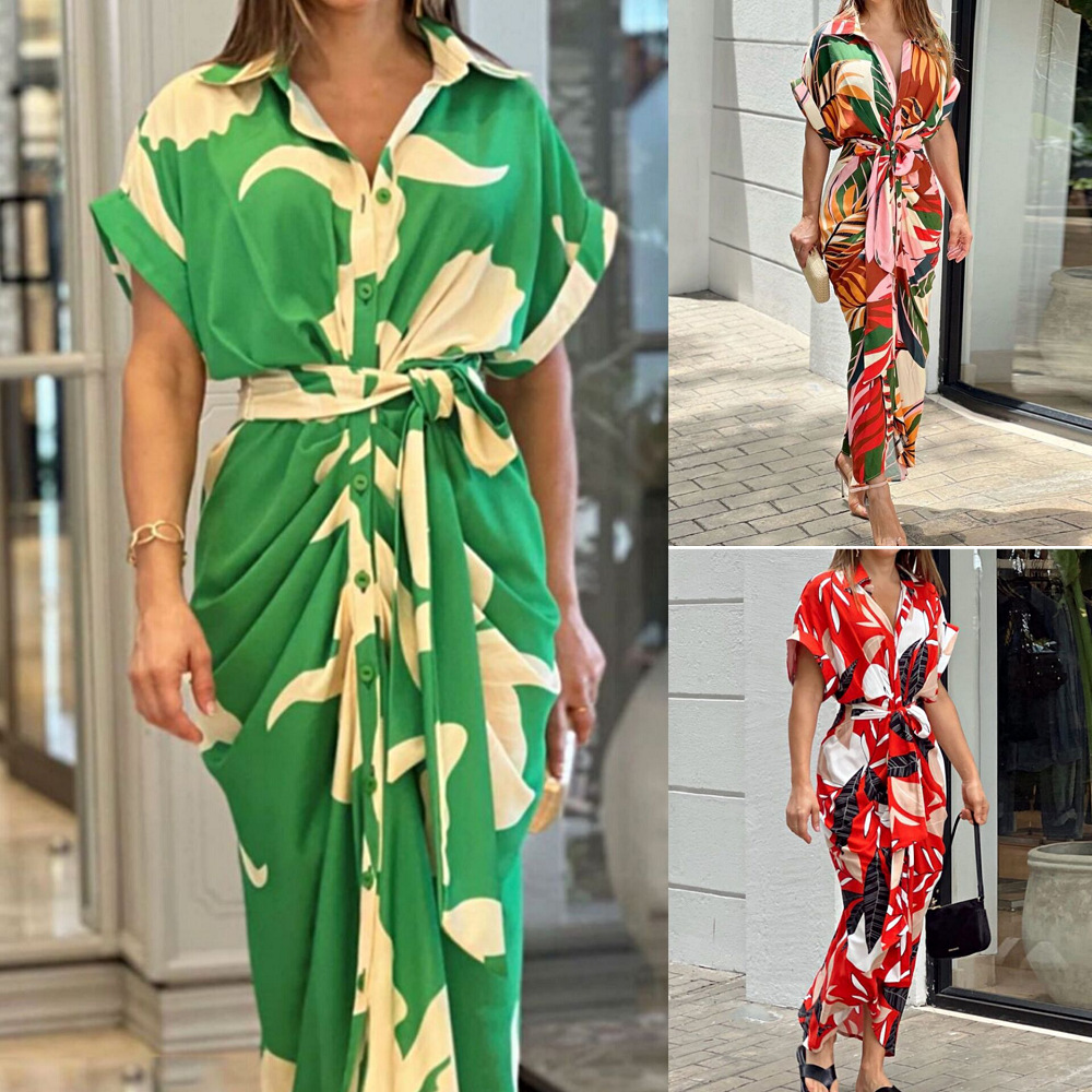 Amazon Ins Spring 2023 Europe and America Cross Border Women's Clothing Printing Lapel Short Sleeve High Waist Long Shirt Dress