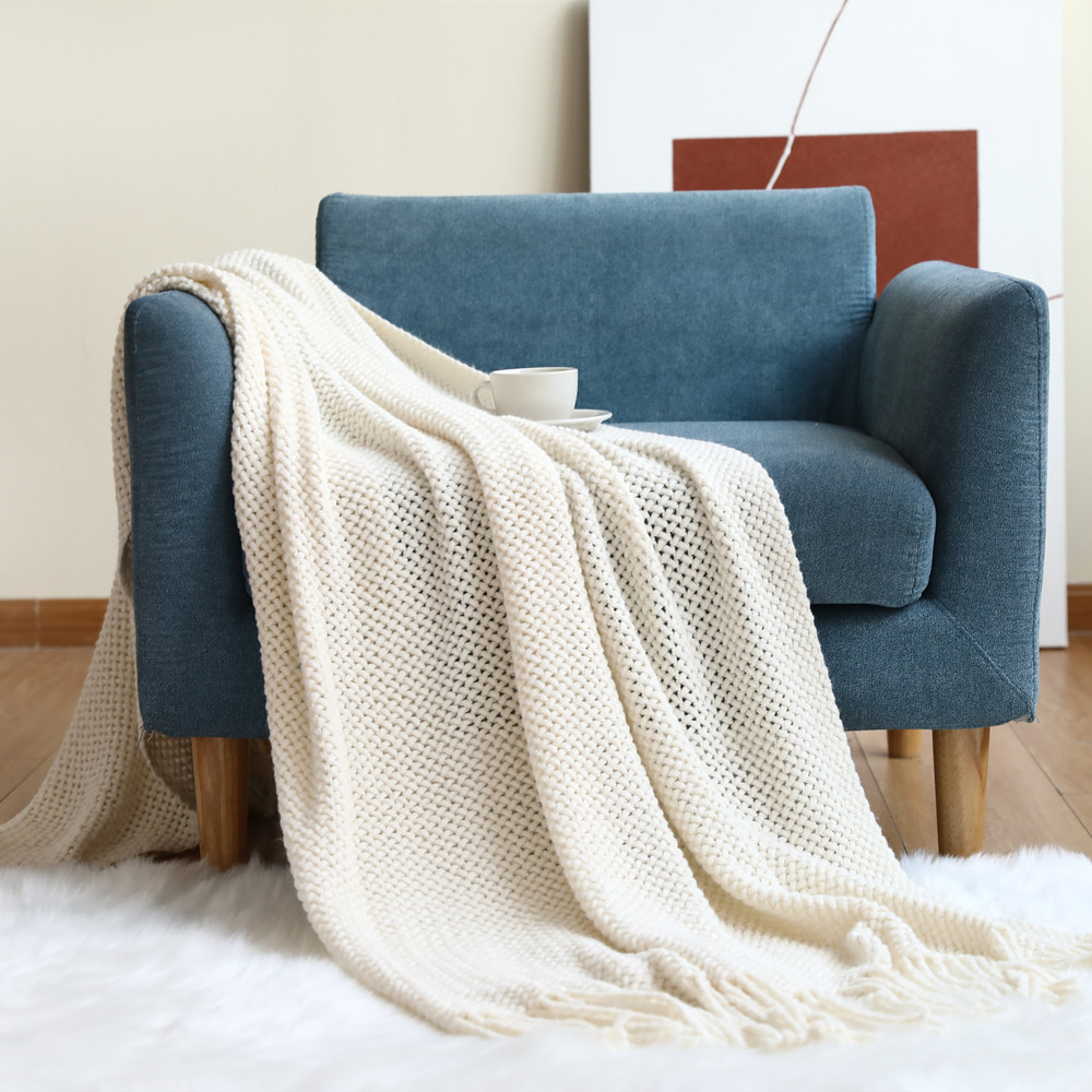 Nordic Style Sofa Cover Cover Blanket Knitted Blanket Shawl Blanket Solid Color Blanket Cross-Border Bed Runner Wool Sofa Towel