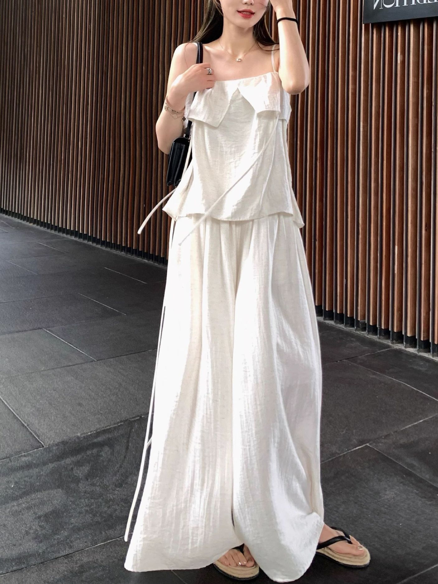 清冷天花板 亚麻吊带上衣阔腿裤裙两件套装女夏季学院风休闲穿搭