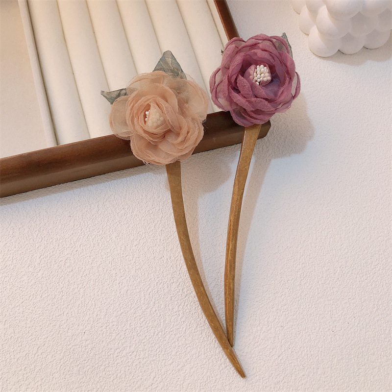 Rose Hairpin Women's Ancient Style Han Chinese Clothing Headdress Vintage Flower Wooden Hairpin Hair Accessories