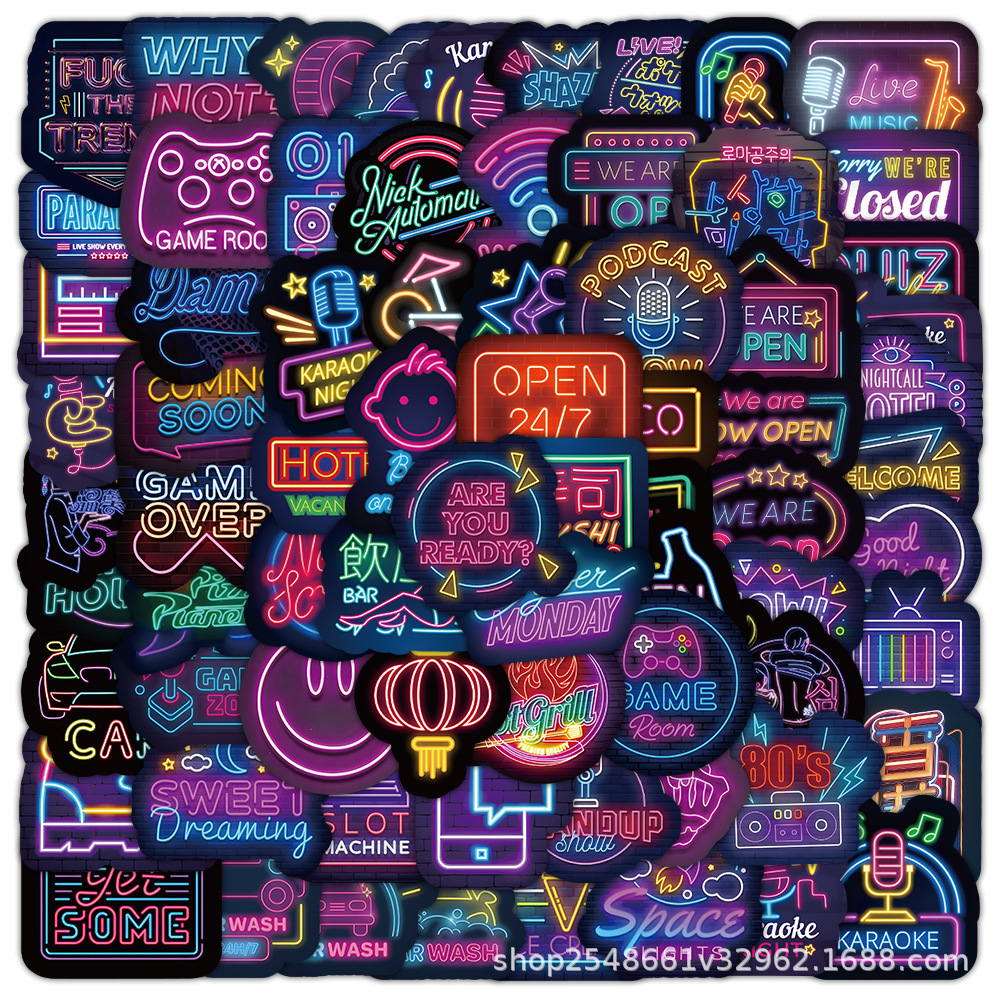 100张个性炫酷霓虹灯涂鸦装饰贴纸 手机壳滑板吉他电脑行李箱贴画
