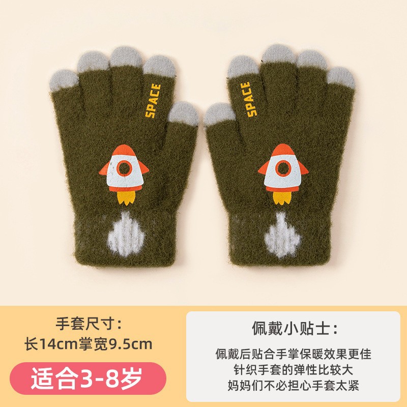 Children's Five-Finger Gloves Wholesale Autumn and Winter Knitted Wool Cold-Proof Warm Boy Cartoon Rocket Baby Girl Cute