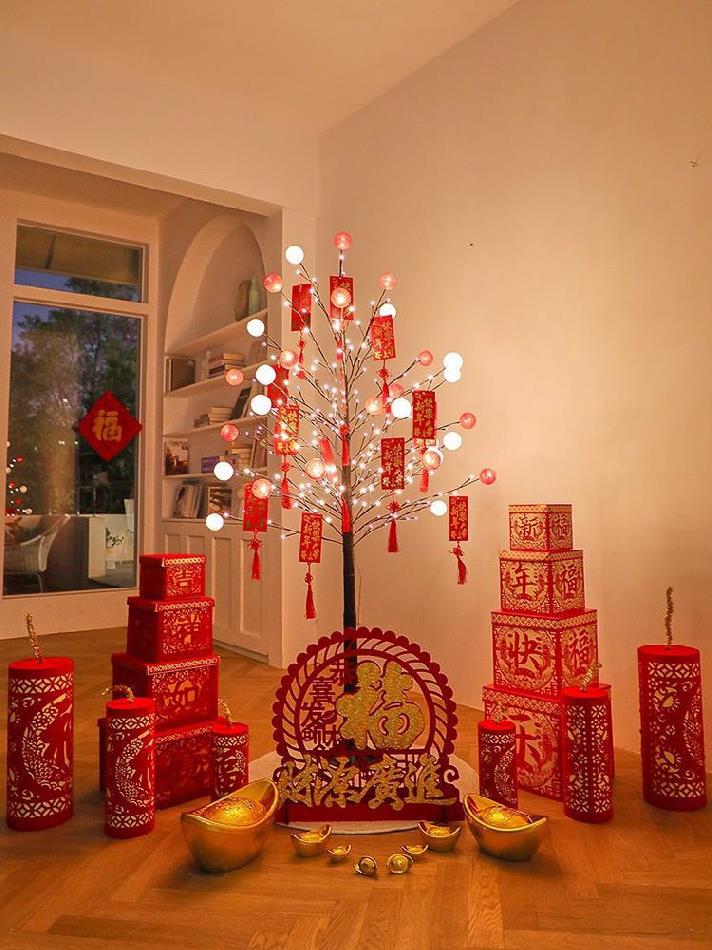 新年布置堆头元旦店面装饰发财树摆件过年气氛农村门店售楼部商场