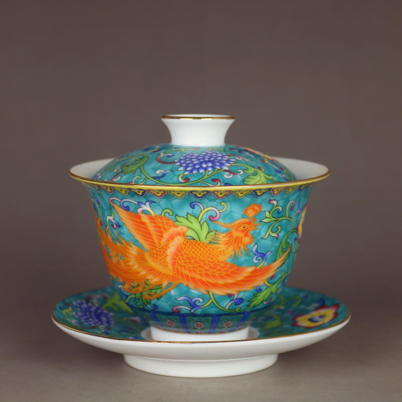 清乾隆款宫廷御用风精品缠枝纹珐琅彩龙凤三才杯盖碗仿古茶具摆件