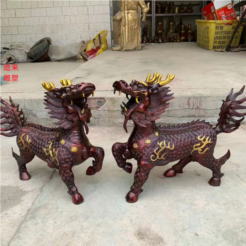 纯铜麒麟火麒麟摆件 旺财瑞兽吉祥物镇宅麒麟送子 黄铜财富麒麟