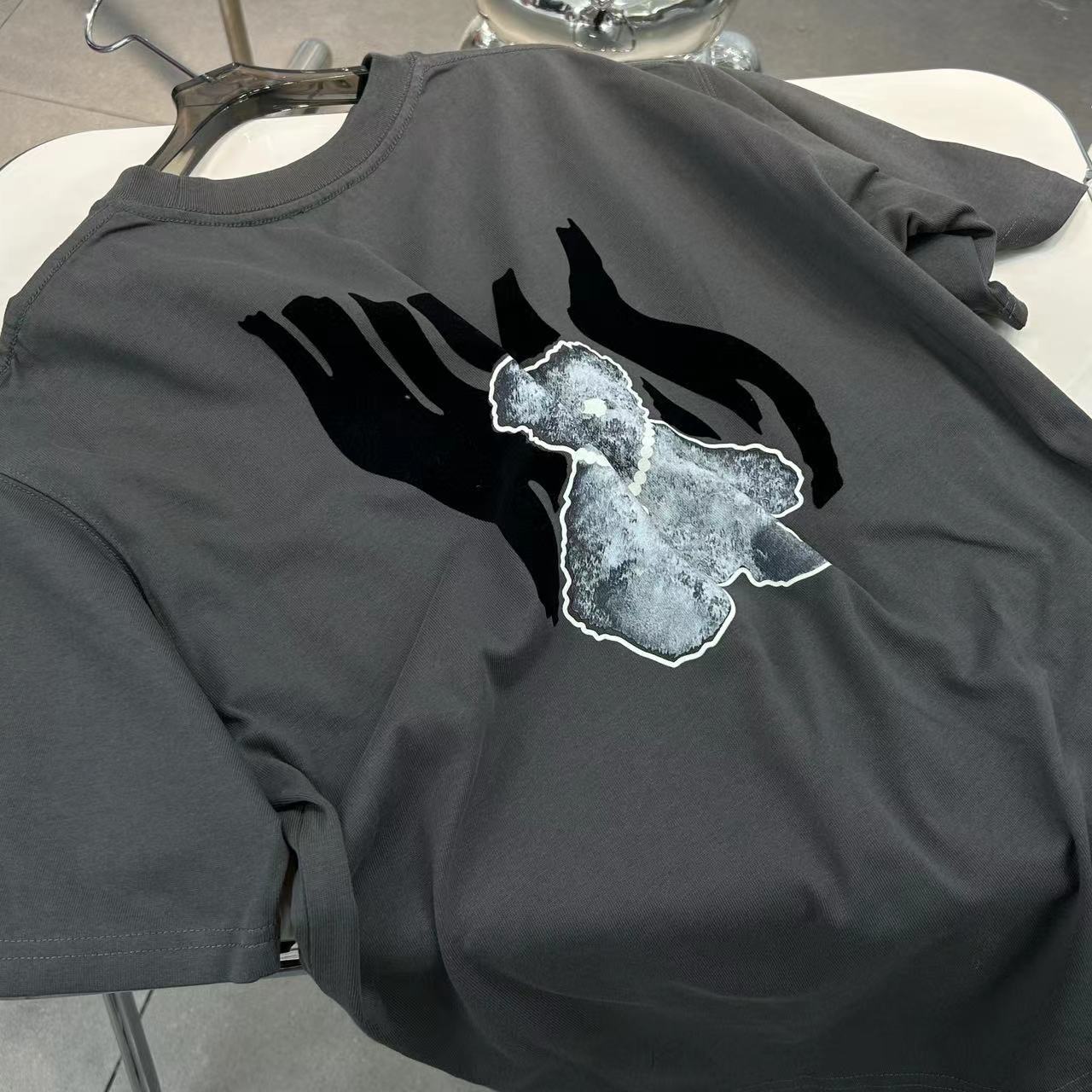 wd潮牌短袖2023春夏夜光植绒项链小熊印花t恤宽松减龄圆领情侣款