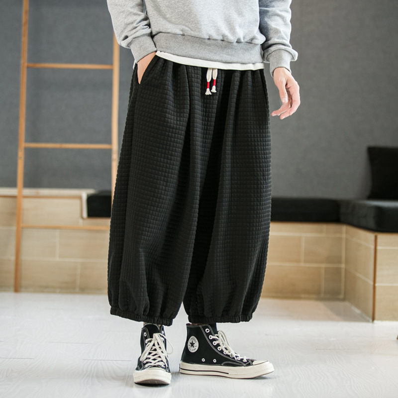 2021秋冬新款加大码灯笼裤针织马裤中国风长裤华夫格阔腿九分裤男