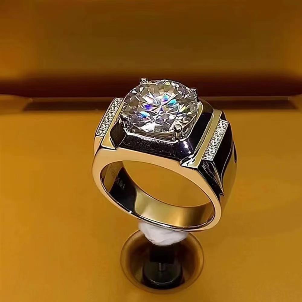 s925银莫桑石莫桑钻戒指全新圆形5克拉男戒镶嵌男士霸气宽版时尚