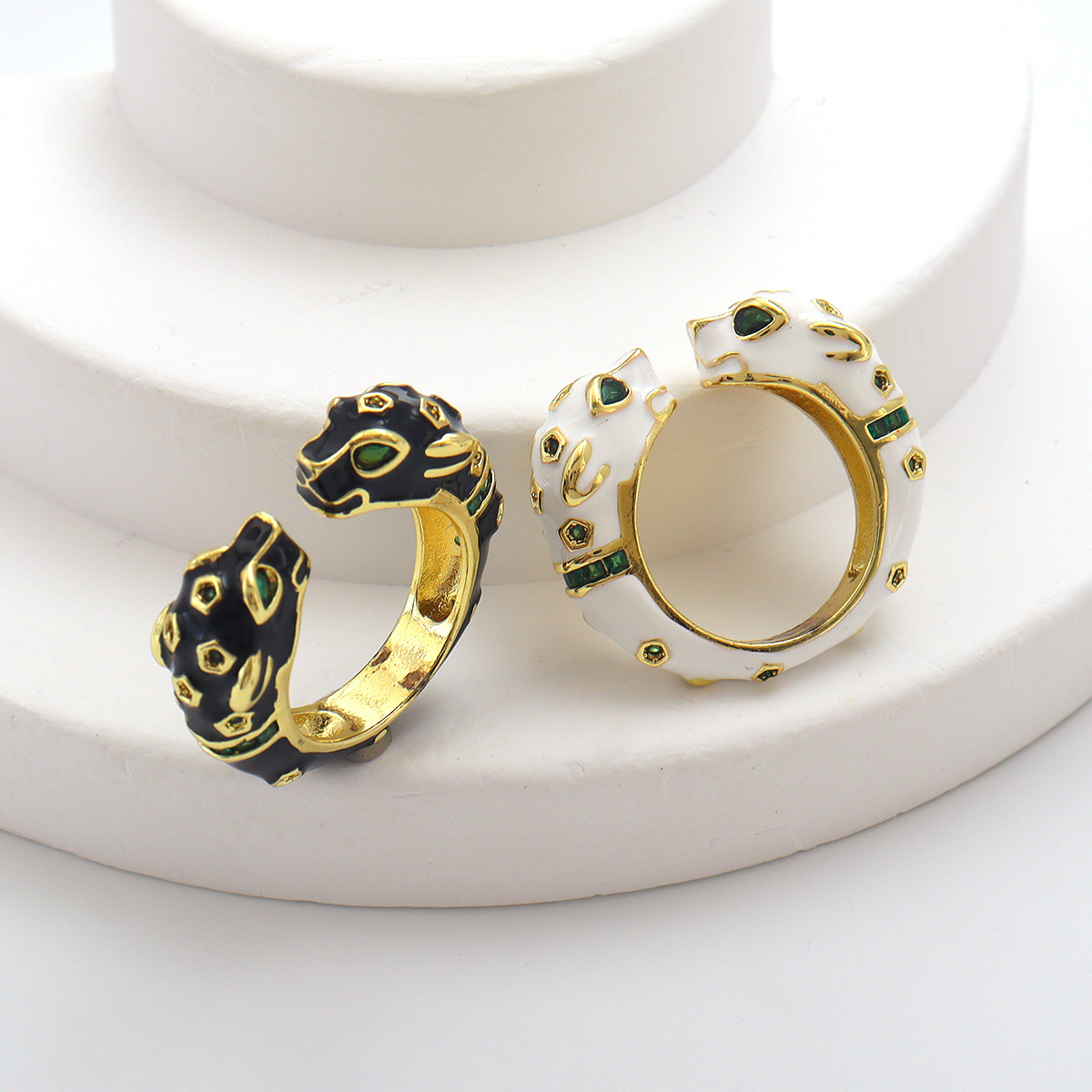 喜环 跨境新品时尚奢华个性高级感动物锆石双头豹子开口戒指饰品