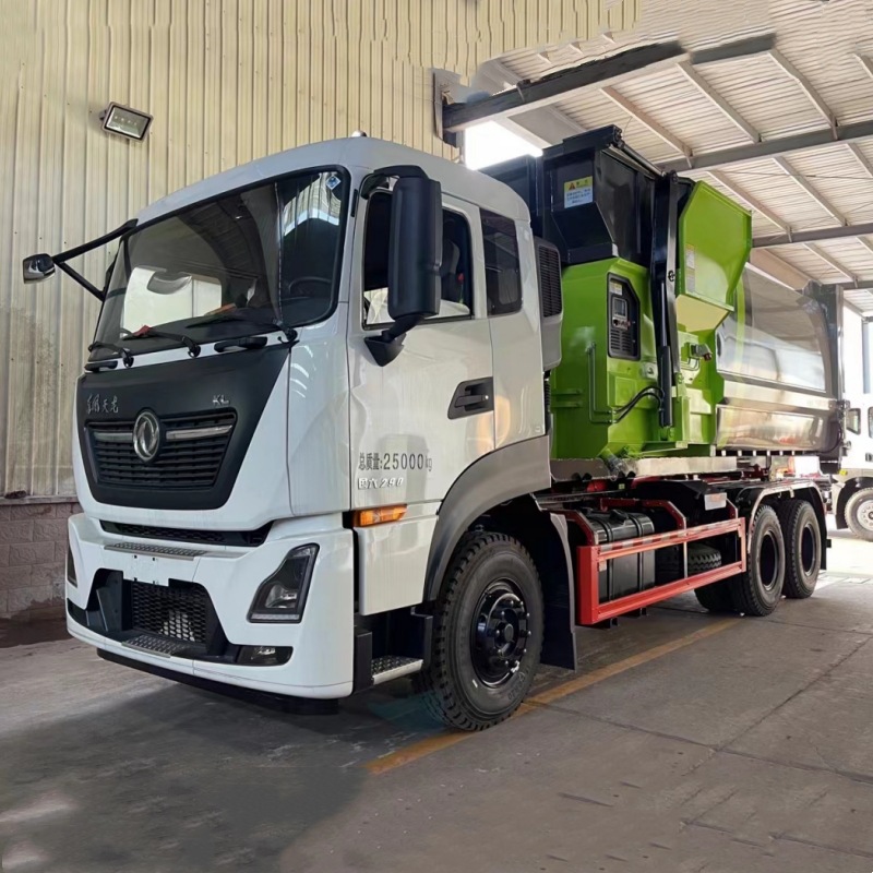 国六大型勾臂式垃圾车东风天龙后双桥 配套18方移动式压缩垃圾站