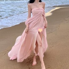 甜美抹胸雪纺开叉拖地长裙三亚旅行穿搭海边度假连衣裙超仙沙滩裙