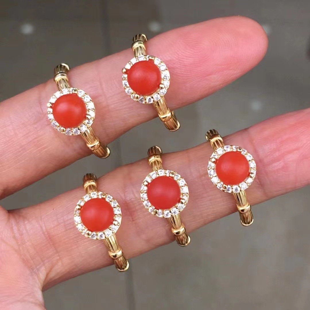 精品保山南红柔光女款小戒指满肉柿子红s925银镶嵌活口时尚手饰品