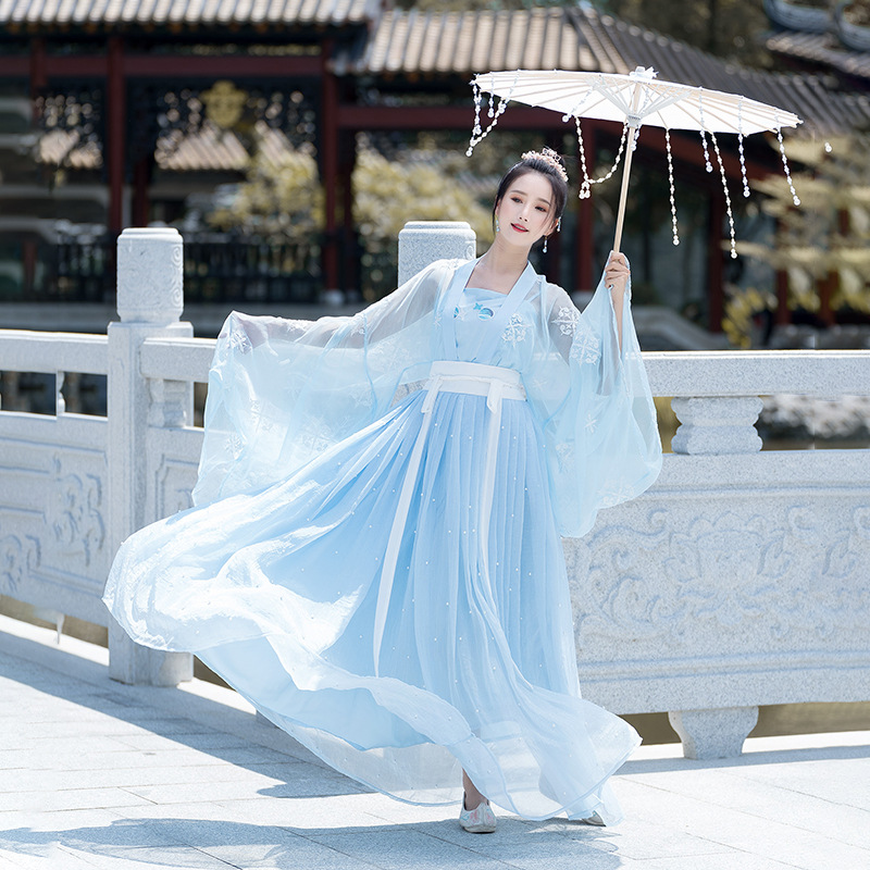 汉元素水蓝仙气刺绣薄纱仙气大袖衫蓝色珍珠雪纺大摆裙汉服套装女