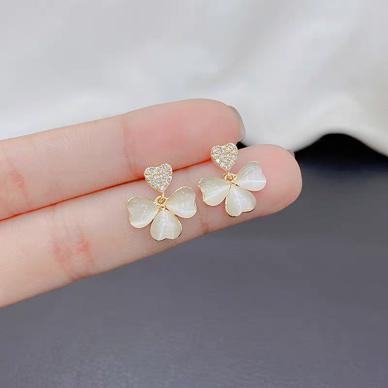 925银针猫眼石四叶草耳环个性耳钉小众耳夹幸运草耳饰经典百搭