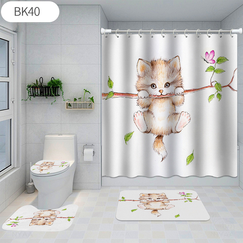 New Cross-Border Foreign Trade Shower Curtain Four-Piece Waterproof Bathroom Three-Piece Floor Mat Shower Curtain Toilet Mat Cat Printing