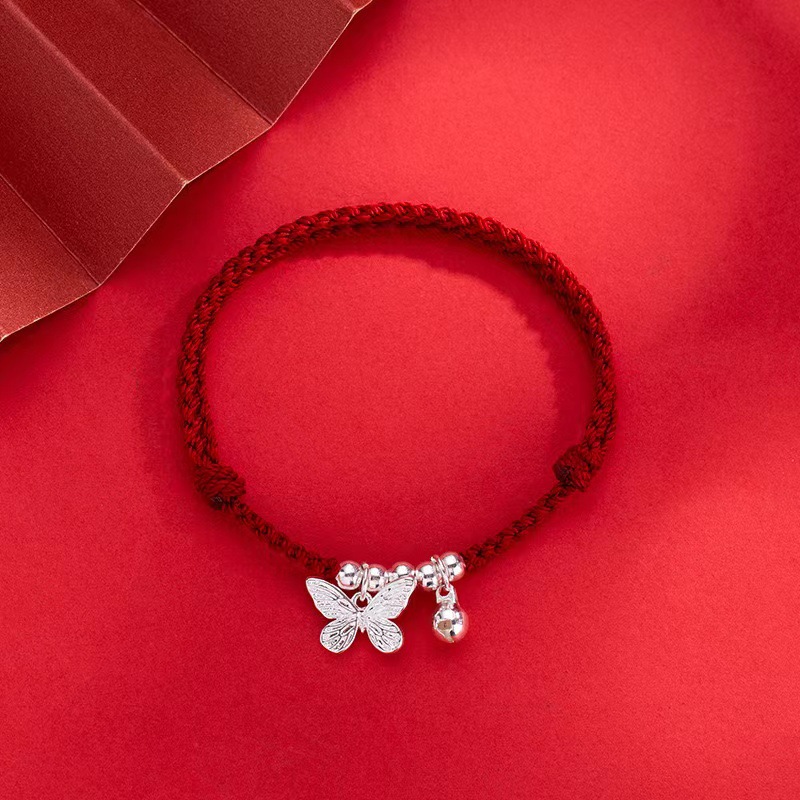 果泡 蝴蝶铃铛编织手绳情侣款本命年红绳手链男女款ins韩版手绳