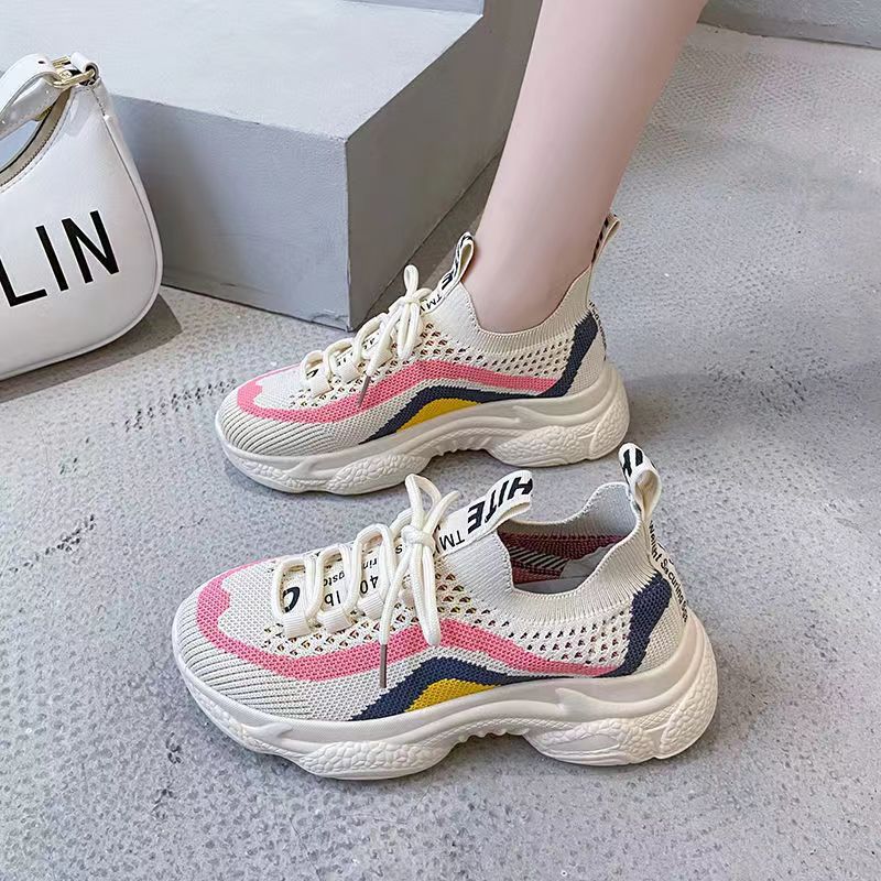 2023 Summer New Real Flying Woven Dad Shoes Women's Breathable Sweat Absorbing Thick Bottom Running Sneaker All-Matching Casual Women's Shoes