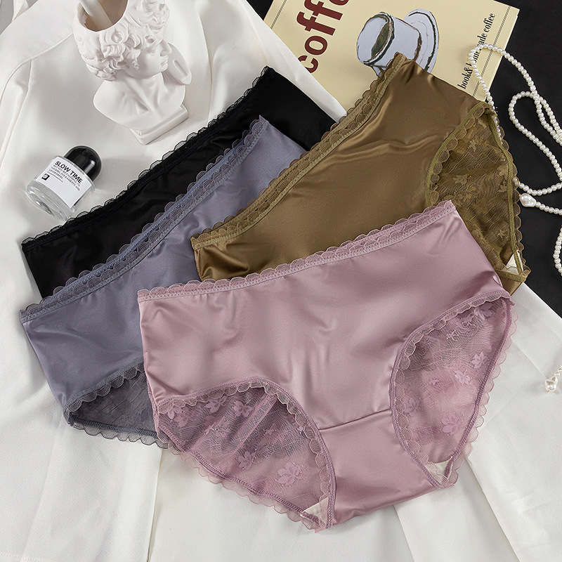 轻奢缎面蕾丝内裤女士丝滑质感中腰包臀绸缎桑蚕丝底裆三角裤头