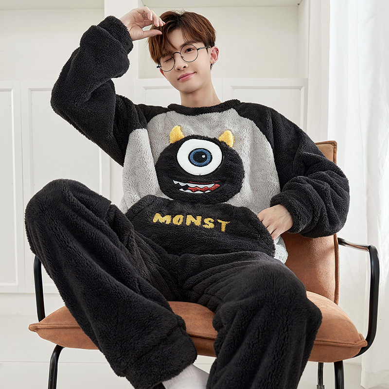 玩亿下长毛绒秋冬季男士睡衣加厚加绒保暖卡通怪兽可外穿睡衣套装