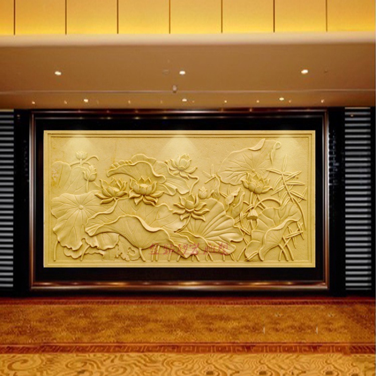 浮雕人造砂岩装饰画背景墙中式荷花壁饰手工传统雕刻立体玄关新品