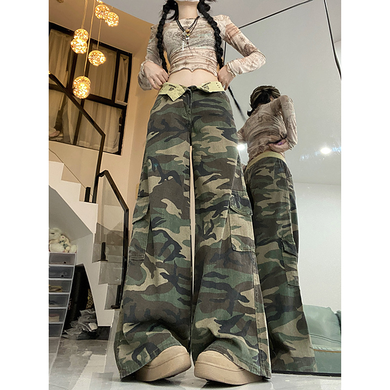 American Retro Jeans Women's Autumn Workwear Wide Leg Trousers Niche Mopping Loose Camouflage Straight Pants Ins