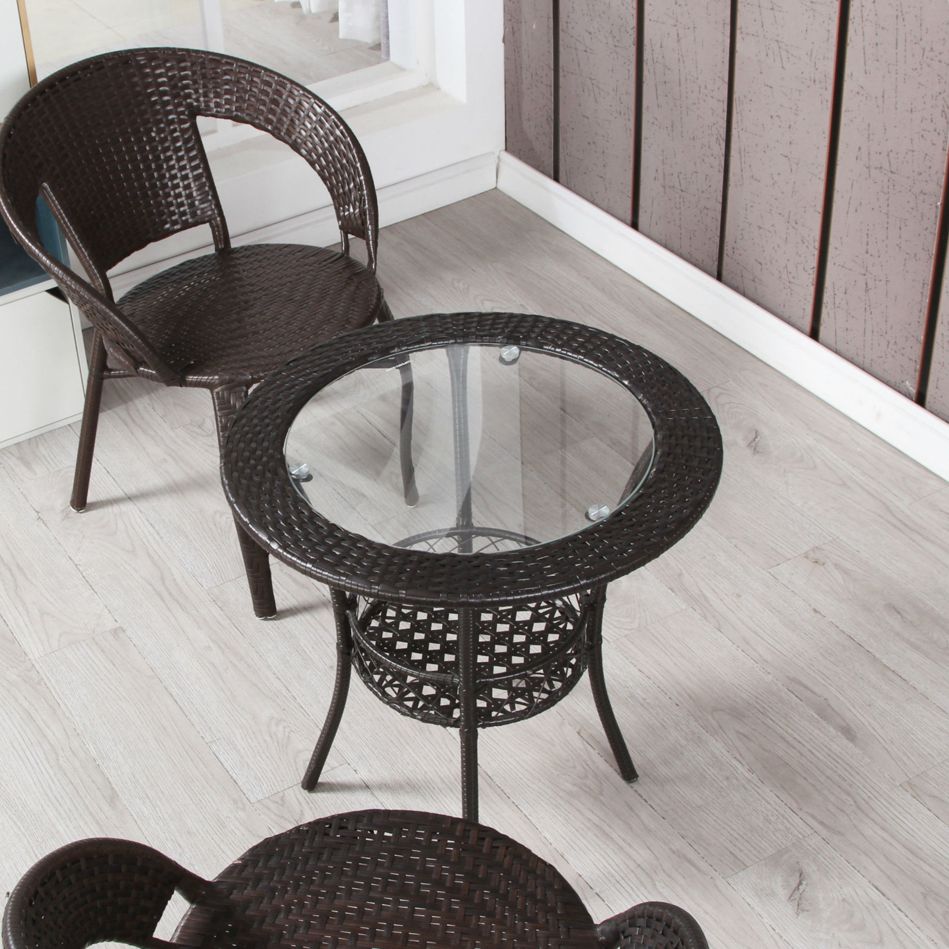 简约阳台休闲椅藤编小圆桌钢化玻璃小茶几简易小茶桌藤条桌子藤椅