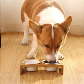 竹木狗饭盆倾斜保护猫咪颈椎防黑下巴陶瓷双碗大口径猫粮饮水盆