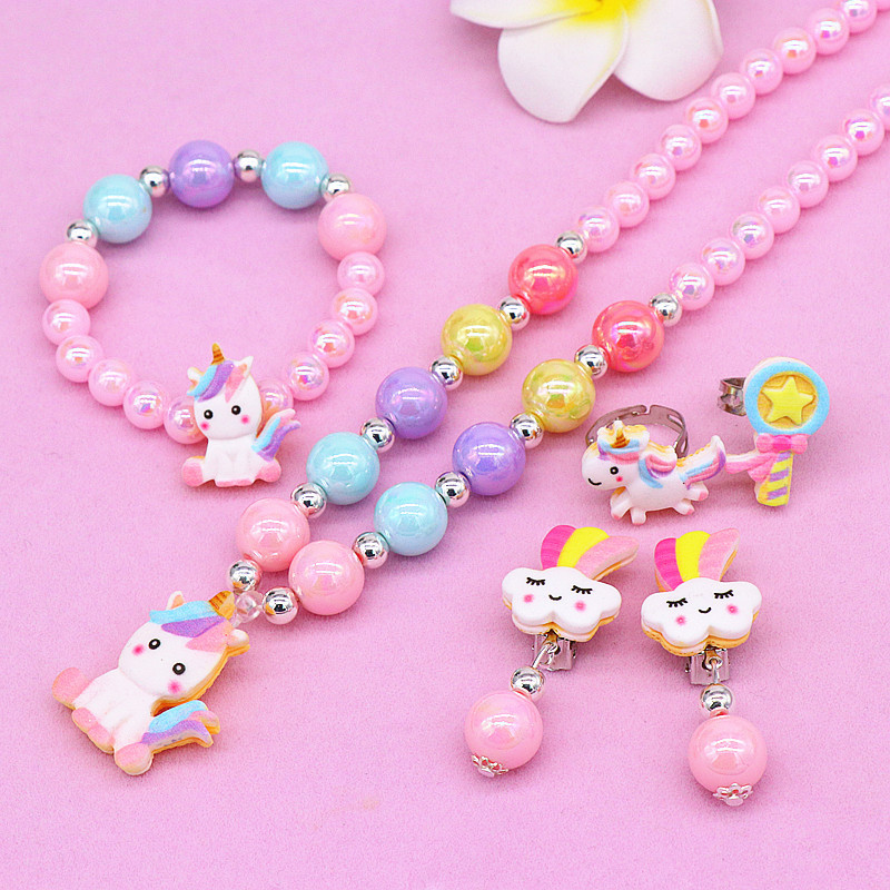 Children's Necklace, Bracelet Set Cute Cartoon Unicorn Girl Necklace Student Bead String Jewelry