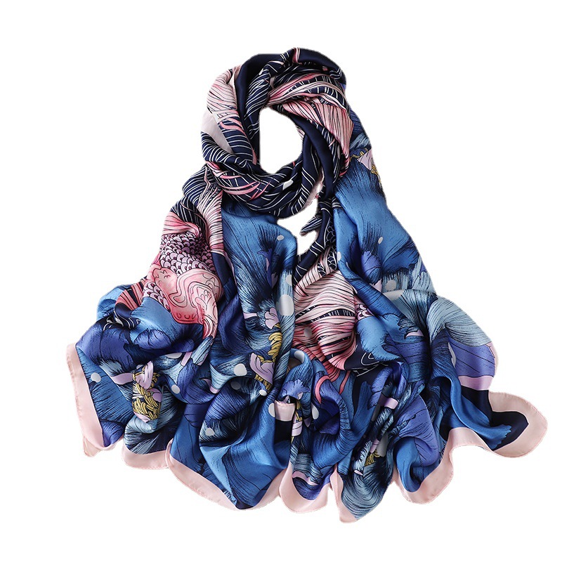 Big Fish Begonia Scarf New Spring Artificial Silk Scarf Women's Printed New Silk Satin Beach Towel Talma Generation Hair Scarf