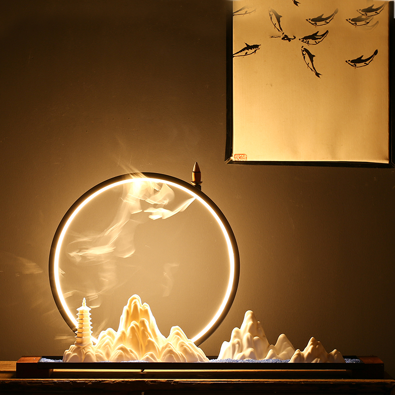 创意倒流香摆件枯山水玄关办公室客厅茶室会所陶瓷假山香炉装饰品