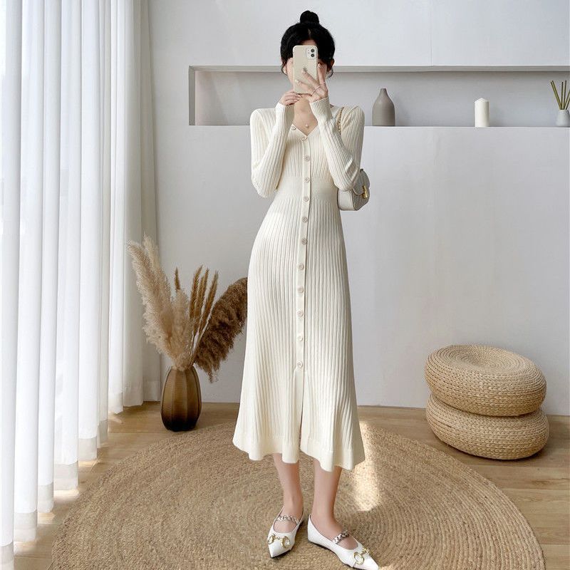 Underskirt Match with Coat Woolen Skirt Women's Autumn and Winter Waist-Tight Goddess Overknee Base Long Dress Knitted Dress White