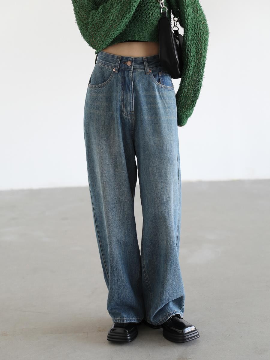 Chicven Endless Migration Retro Blue Casual Loose Wide Leg Jeans Women's Micro Mop Pants