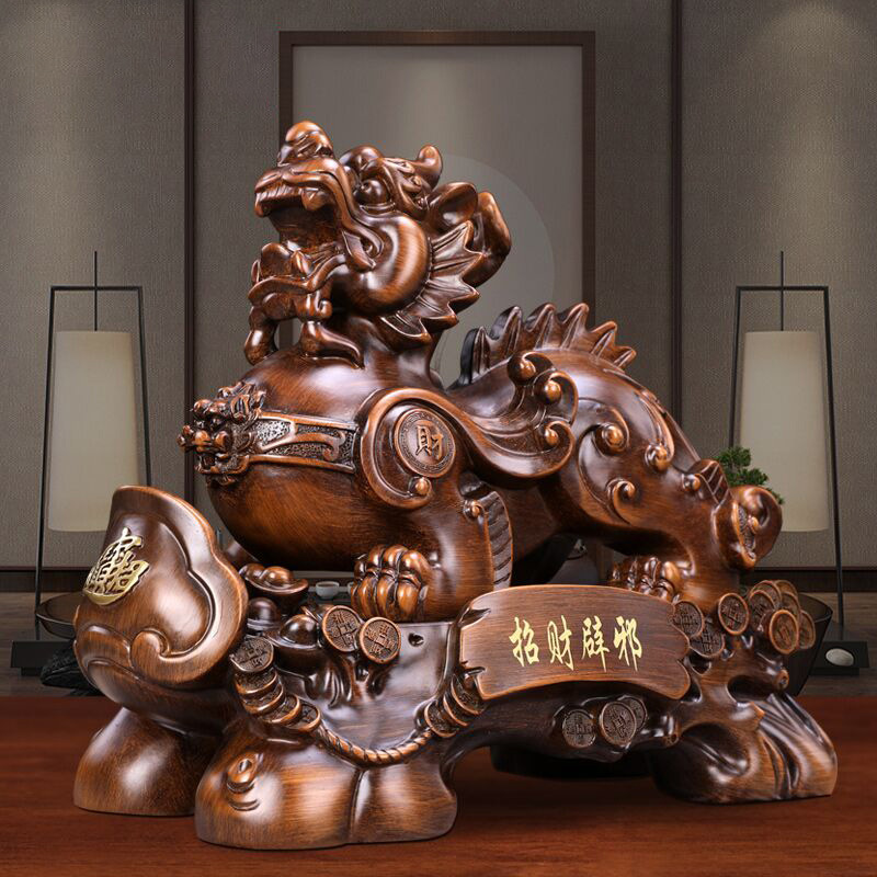厂家批发创意木色招财貔貅树脂风水摆件客厅酒柜办公室装饰工艺品