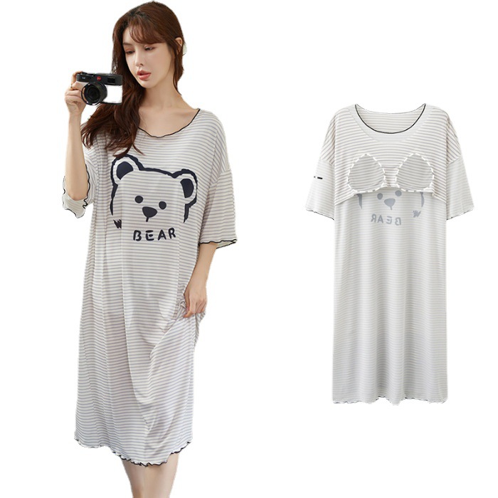 Summer Nightdress Ice Silk Thread Belt Chest Pad Short Sleeve Sweet Cute Style Pajamas Ladies' Homewear Pregnant Women's Confinement