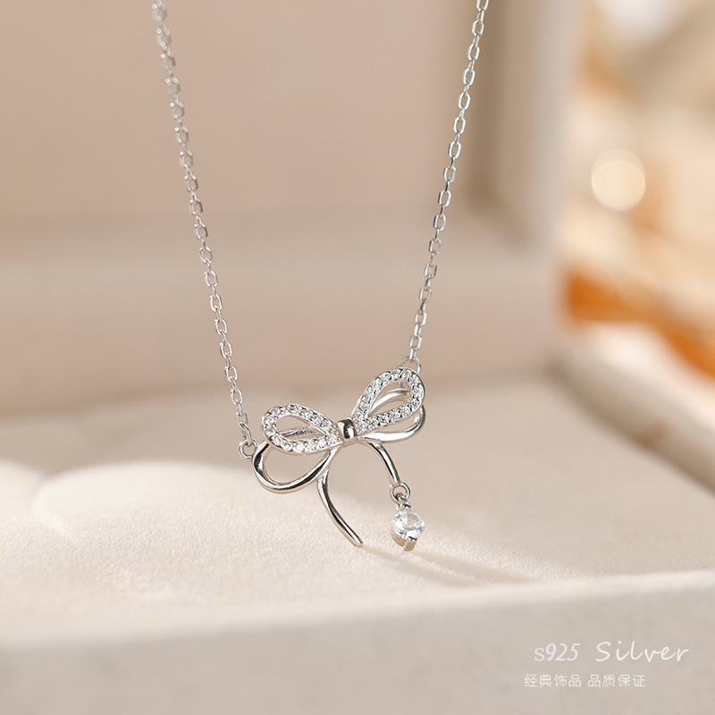 Bow Necklace 2023 New Light Luxury High-End Design Sense Niche Female Summer Clavicle Necklace S925 Sterling Silver