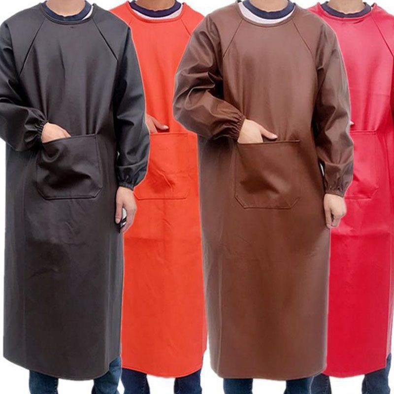 皮革防水围裙防油水产专用男反穿罩衣女秋冬季长袖加厚工作服长款
