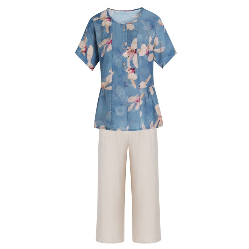 New Middle-Aged and Elderly Women's Summer Short-Sleeved T-shirt Mother's Summer Suit Middle-Aged Western Style Cotton and Linen Top Two-Piece Suit