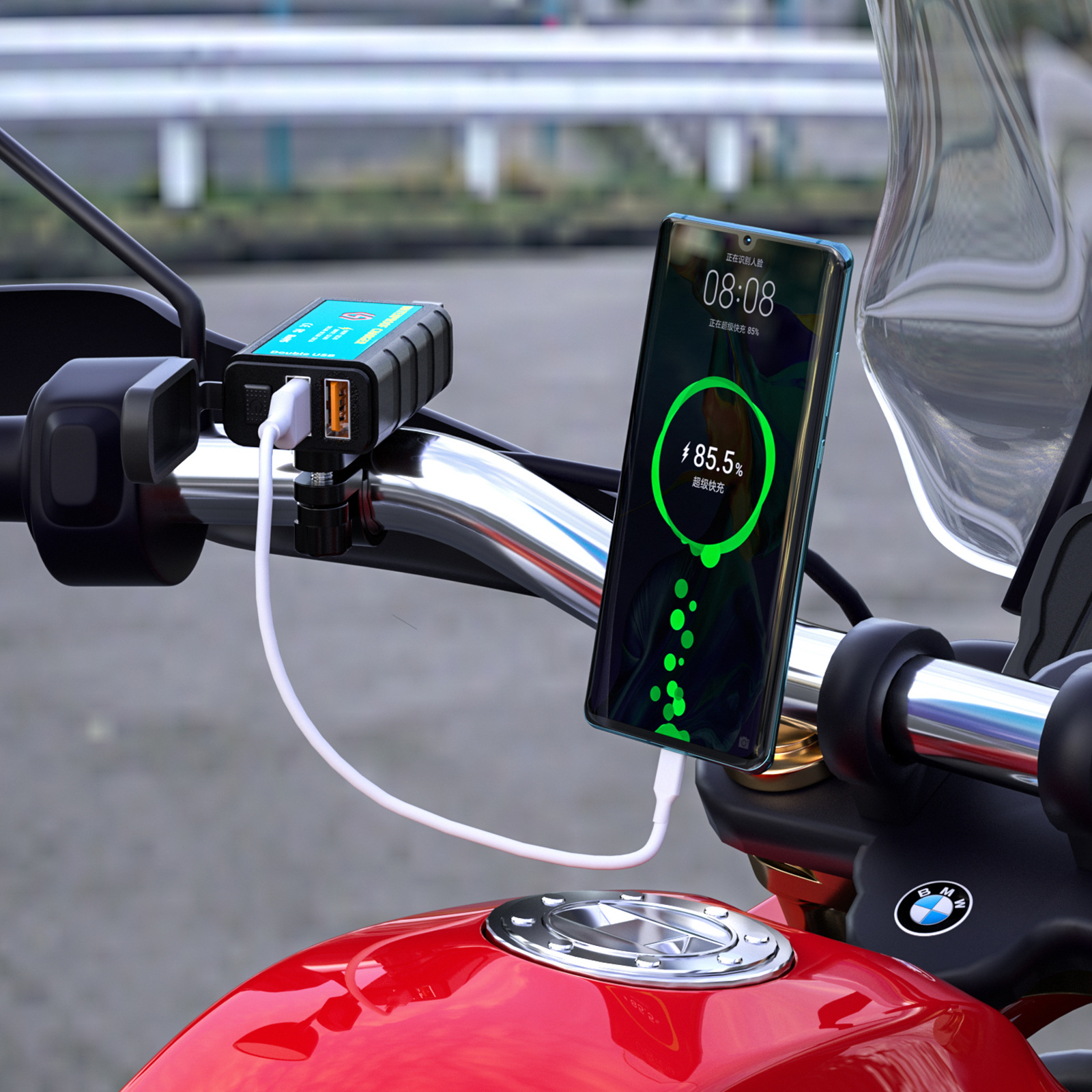 电动车摩托车充电器 方形快充双usb 带按钮开关 一体sae插口