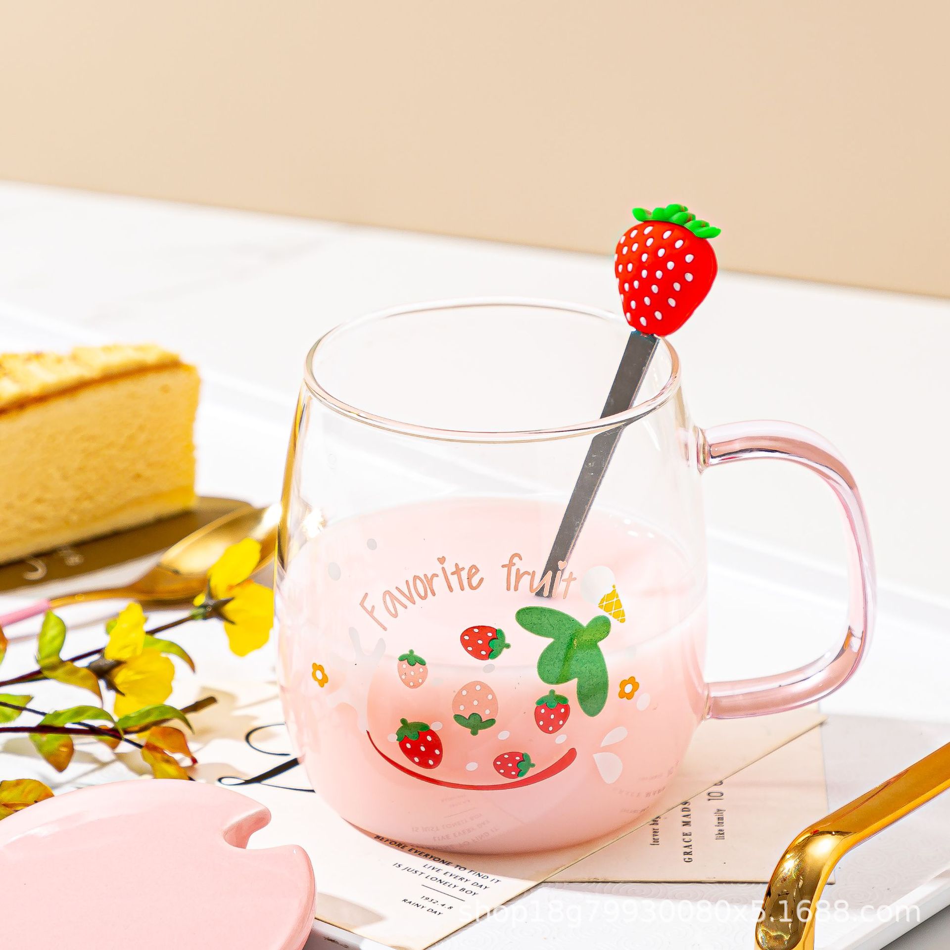 清新草莓玻璃牛奶茶杯带盖带吸管可爱创意大容量情侣礼品马克杯