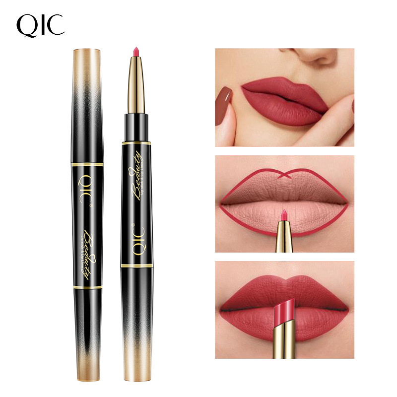 Cross-Border Cosmetics Qic Double-Headed Lipstick Lip Liner Matte Finish Waterproof Not Easy to Fade No Stain on Cup Lipstick