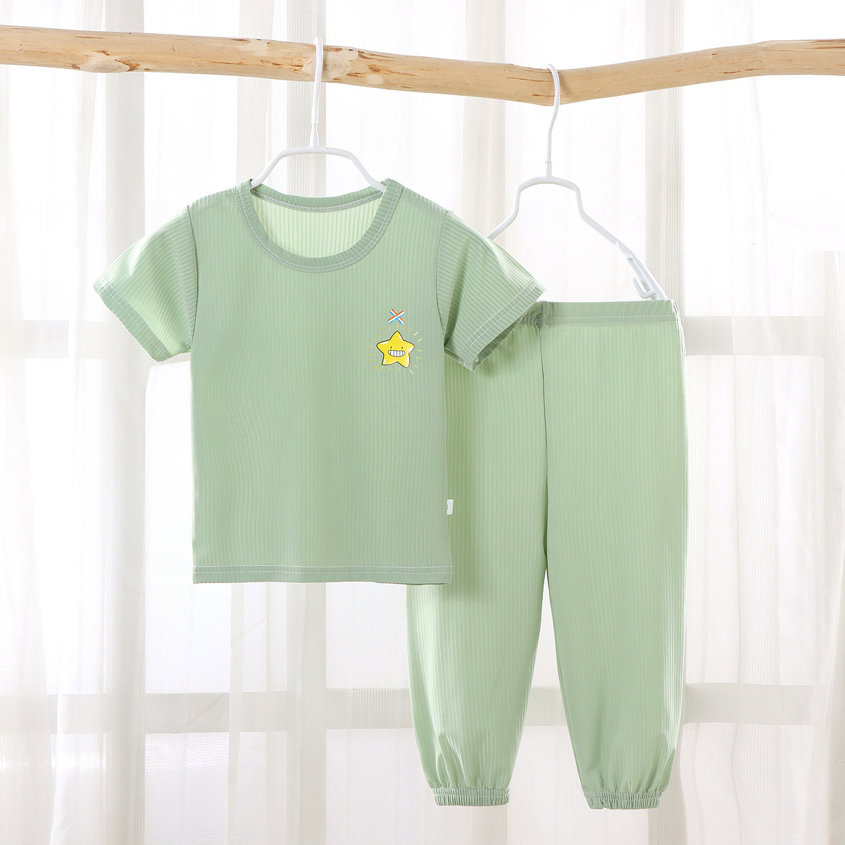 Children's Short-Sleeved T-shirt Suit Summer Mosquito Repelling Pants Boys and Girls Summer Clothes Baby Ice Silk Short Sleeve Pajamas Home