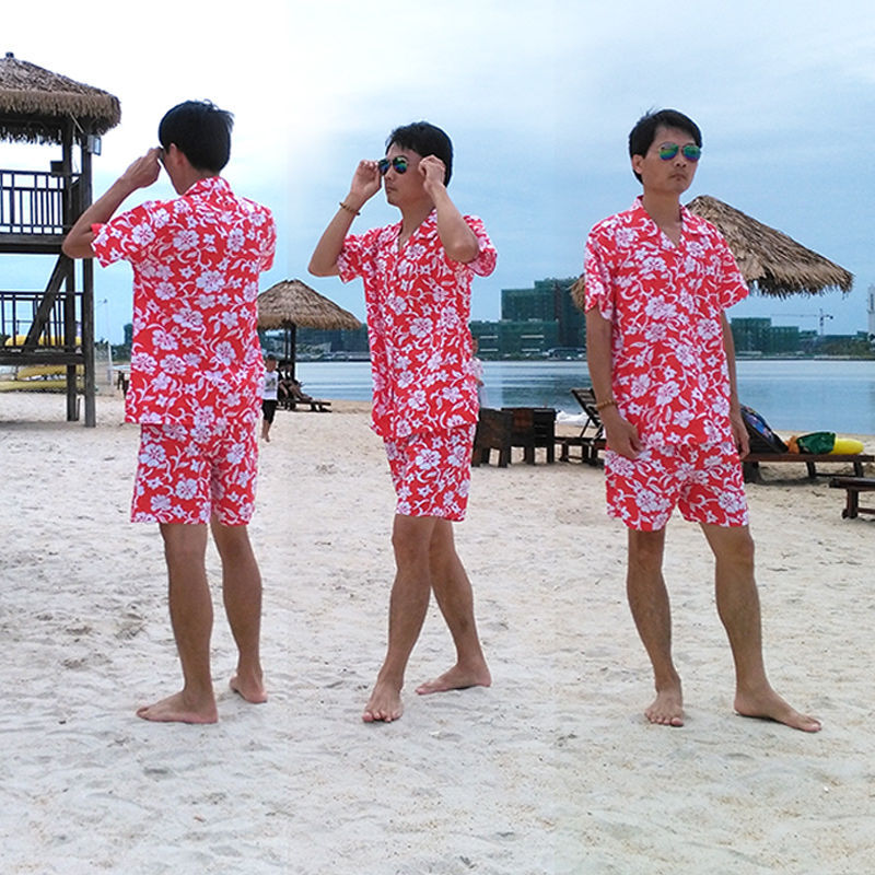 海南岛服沙滩衬衫男三亚旅游棉夏威夷大码花衬衣女情侣亲子套装