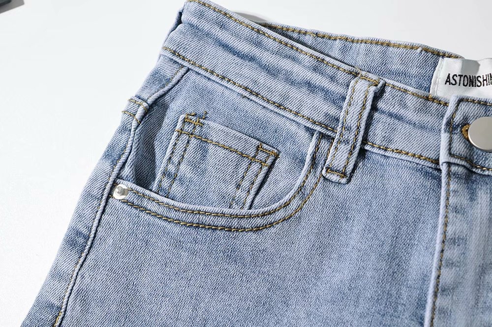 新款2021夏季牛仔直筒裤女式牛仔裤裤脚扣袢短裤批发