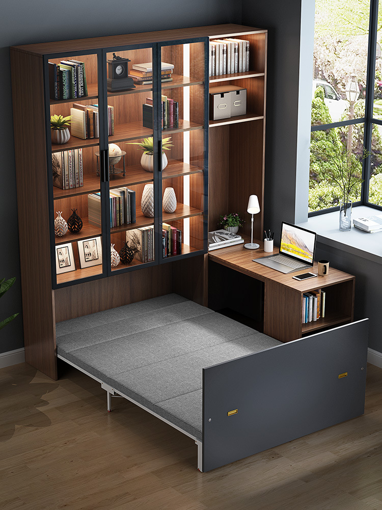 多功能隐形午休床书柜一体家用书房办公室折叠床伸缩书桌北欧带灯