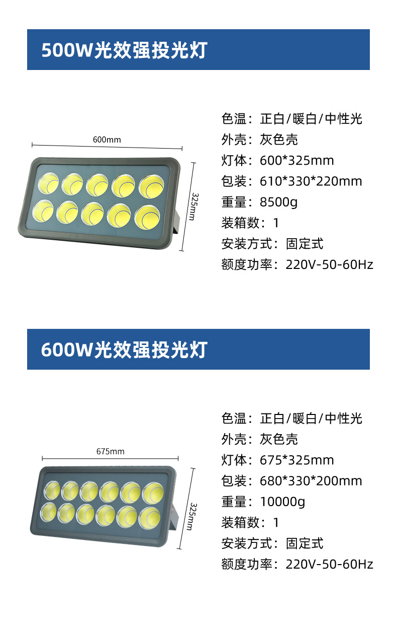 led大功率投光灯超亮50瓦600瓦工地厂房探照灯车间球场射灯户外灯