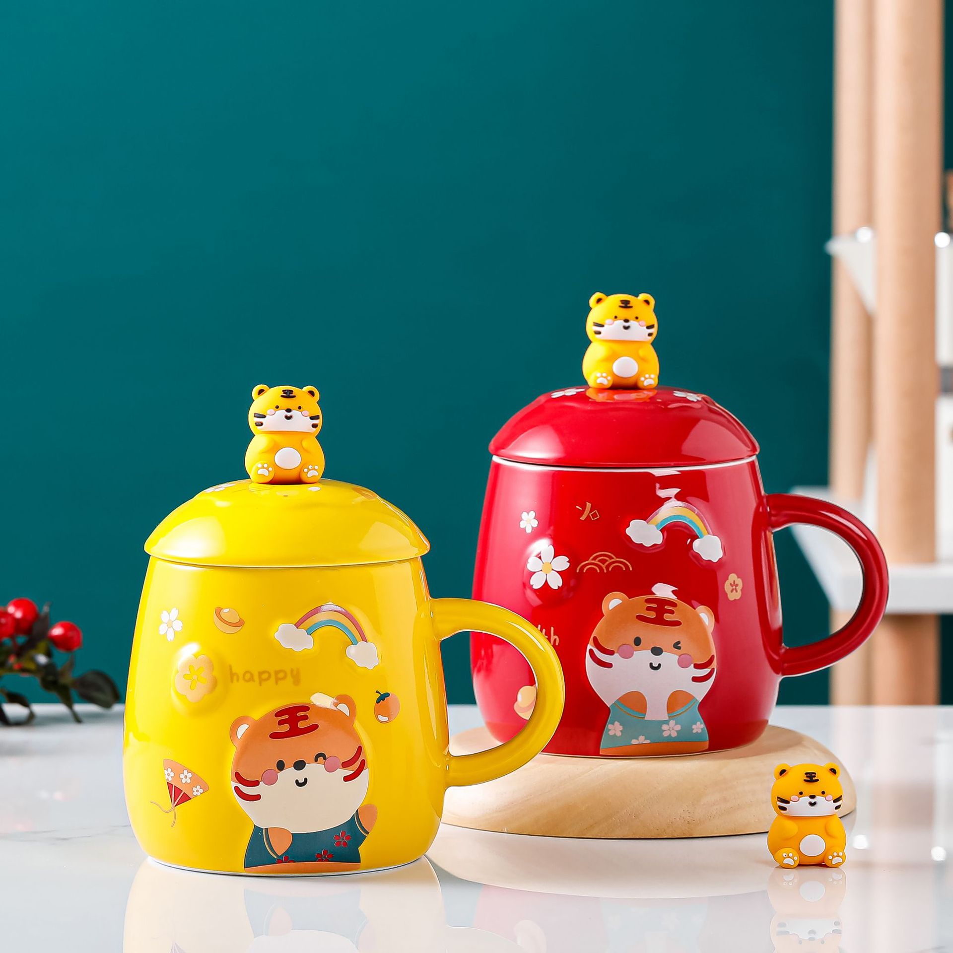 Color Glaze Ceramic Cup Cute Cartoon Three-Dimensional Tiger Mug with Lid Office Coffee Cup Gift Wholesale