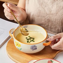 可爱儿童陶瓷双耳碗家用宝宝吃饭碗防烫蒸蛋碗蒸鸡蛋羹小碗汤