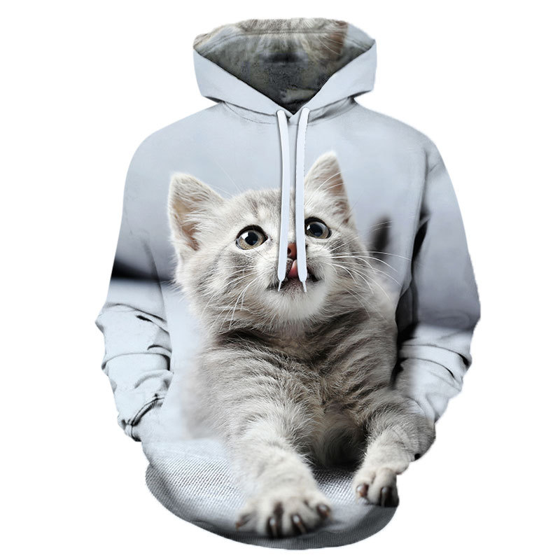 春秋款 猫咪头像 童装卫衣3d数码印花 宽松 套头情侣棒球服连帽衫
