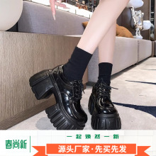 超厚底增高跟系带单鞋女2025春季新款松糕圆头矮子乐英伦风小皮鞋
