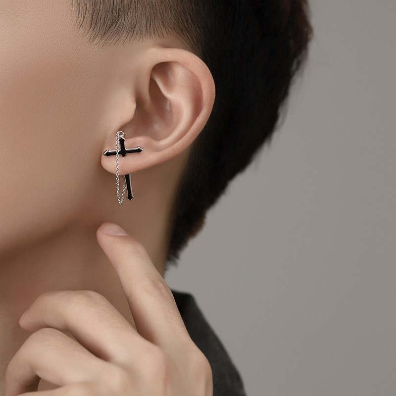 男士耳钉耳链男潮个性十字架痞帅男款设计感小众男生耳饰耳坠耳环